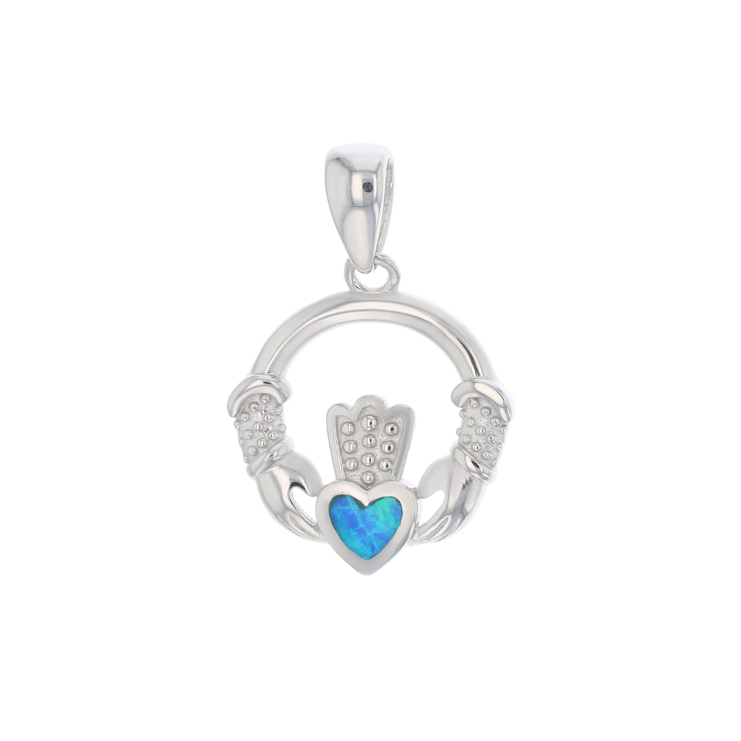 Sterling Silver Created Blue Opal Claddagh Pendant Necklace Image 1