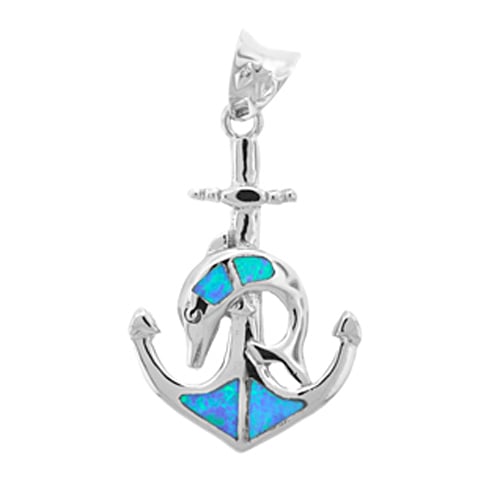 Sterling Silver Created Blue Opal Dolphin and Anchor Pendant Necklace Image 1