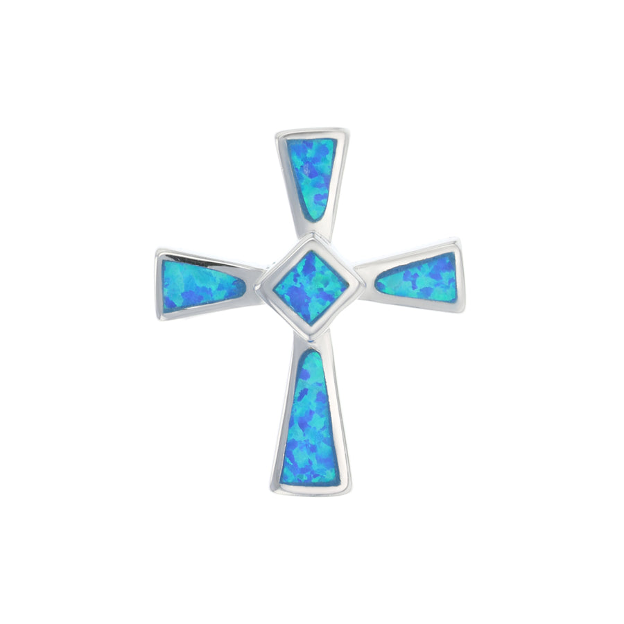 Sterling Silver Created Blue Opal Cross Pendant Necklace Image 1