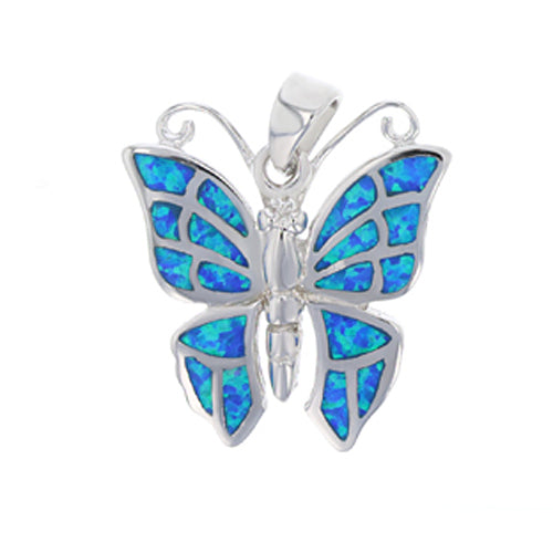 Sterling Silver Created Blue-Opal Butterfly Pendant Image 1