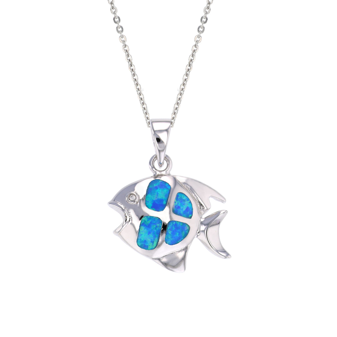 Sterling Silver Created Blue-Opal Fish Pendant Image 1