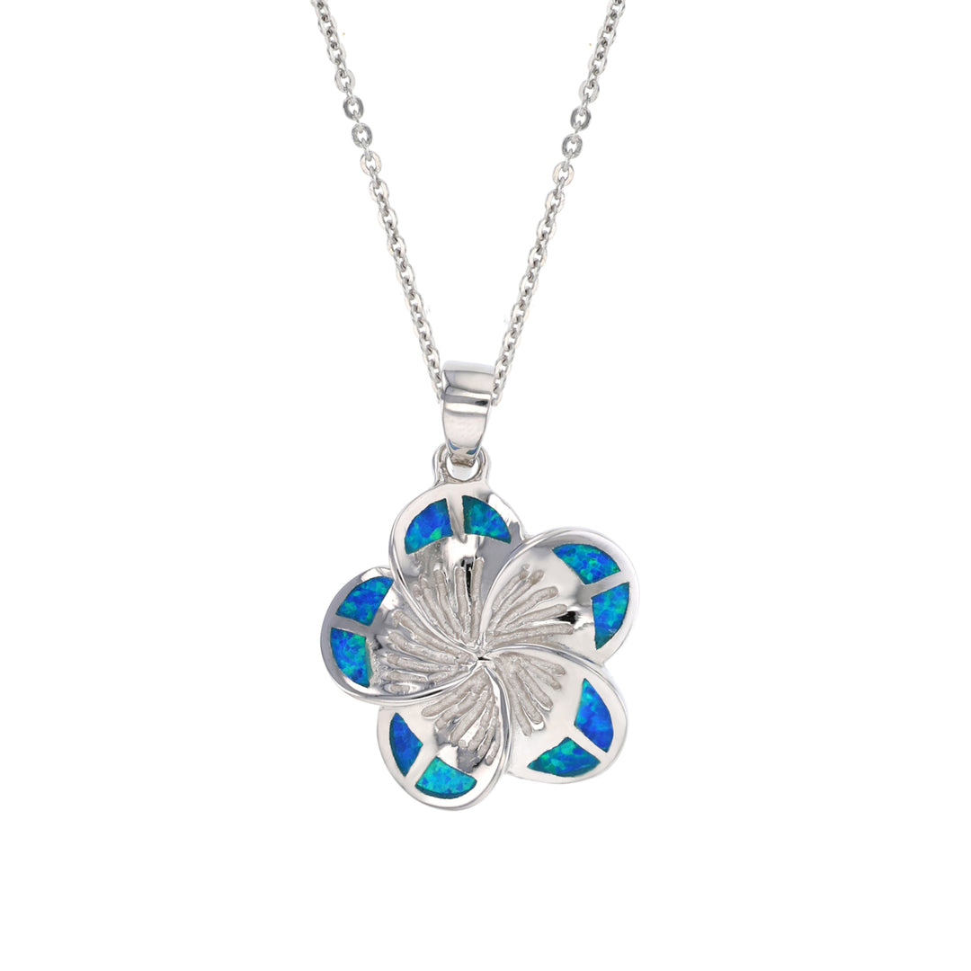 Sterling Silver Created Blue Opal Plumeria-Flower Pendant Image 1