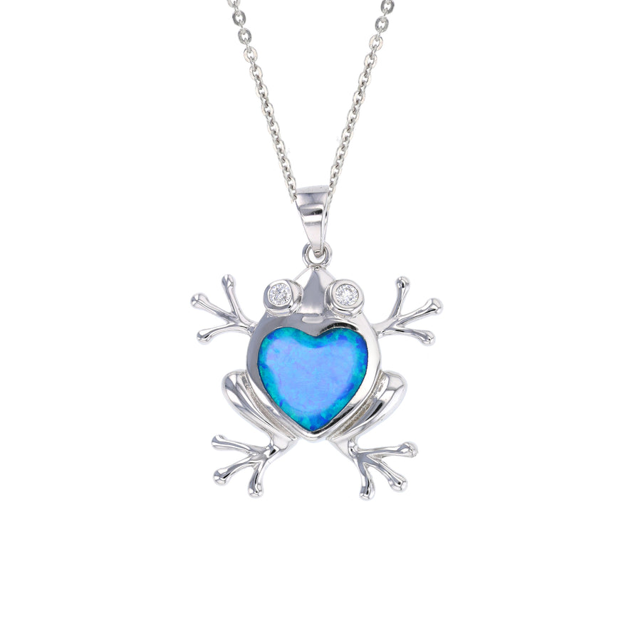 Sterling Silver Created Blue Opal Frog Pendant Neck Image 1