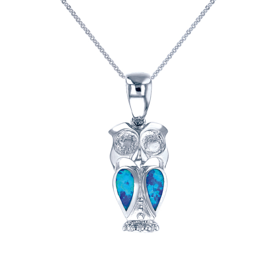 Sterling Silver Created Blue Opal Owl Pendant Image 1