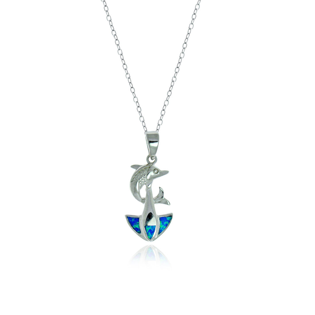 Sterling Silver Created Blue Opal Dolphin and Anchor Pendant Image 1