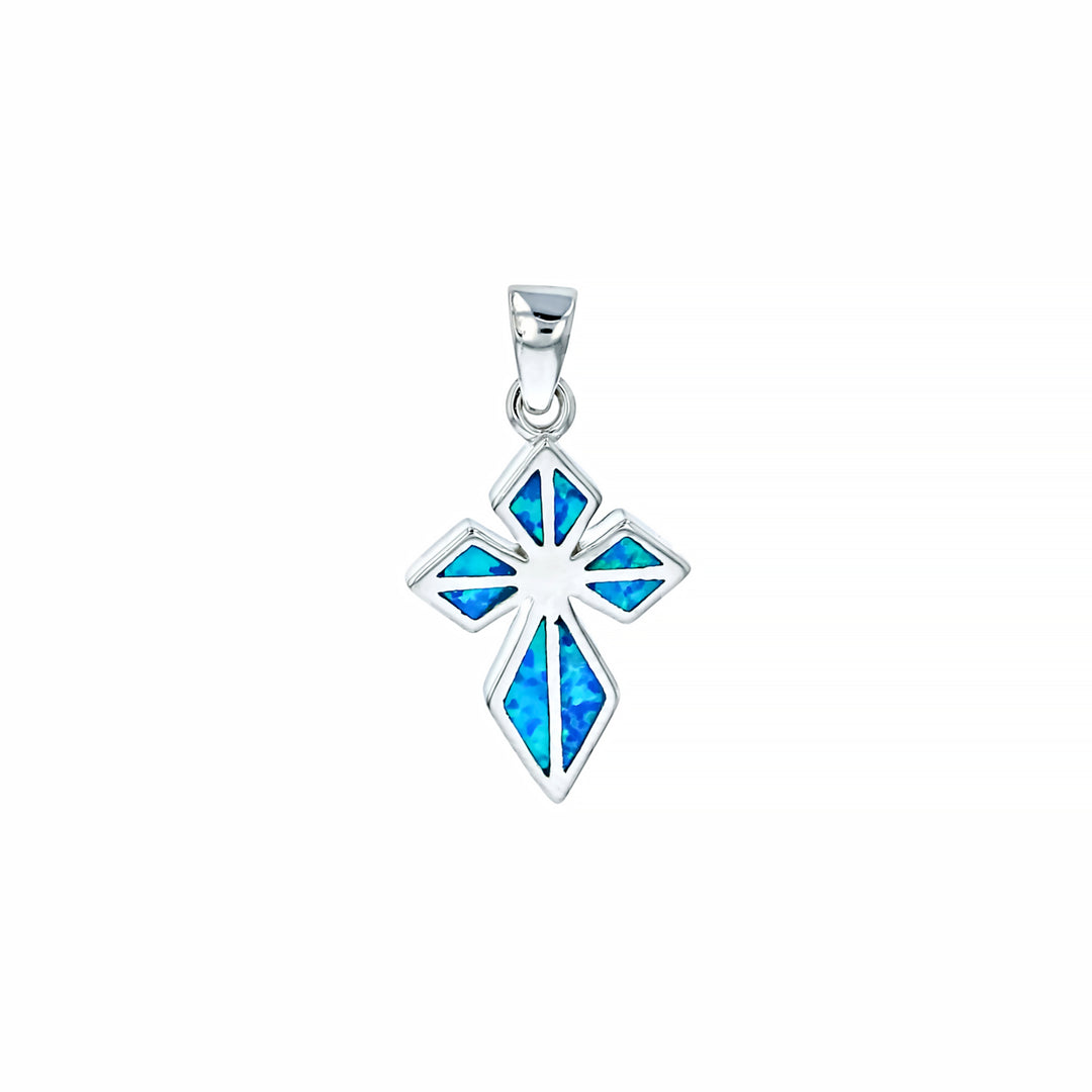 Sterling Silver Created Blue Opal Cross Pendant-Neck Image 1