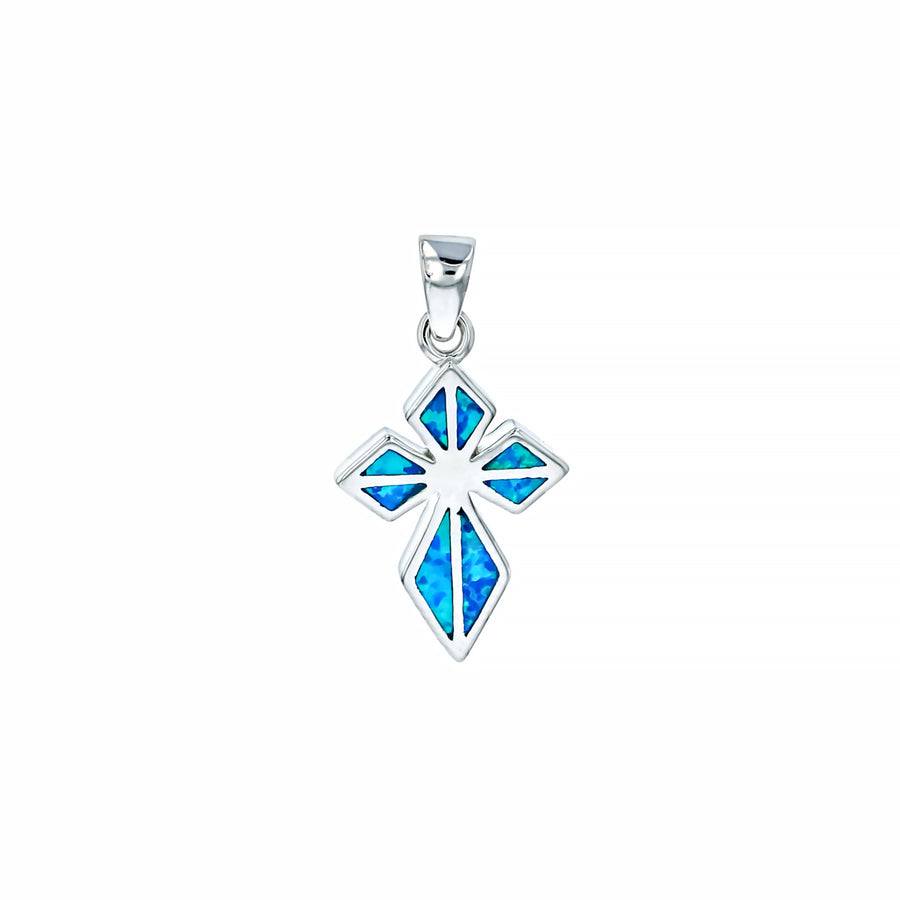 Sterling Silver Created Blue Opal Cross Pendant-Neck Image 1