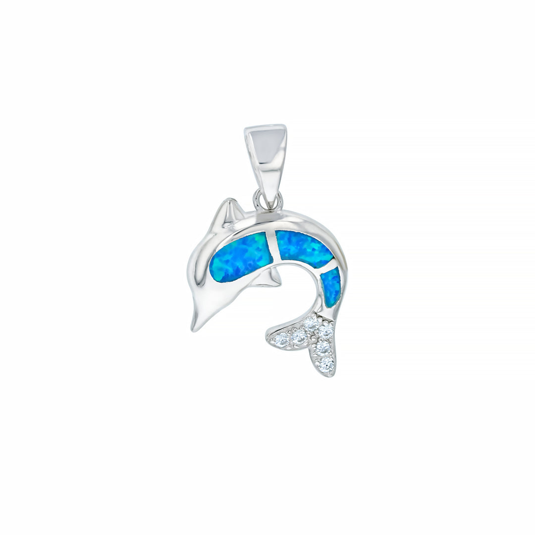 Sterling Silver Created Blue Opal Dolphin CZ Pendant-Neck Image 1