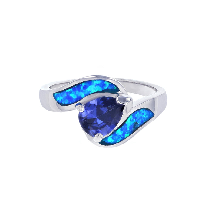 Sterling Silver Created Blue Opal Overcross Ring with Pear Shape Tanzanite CZ Image 2