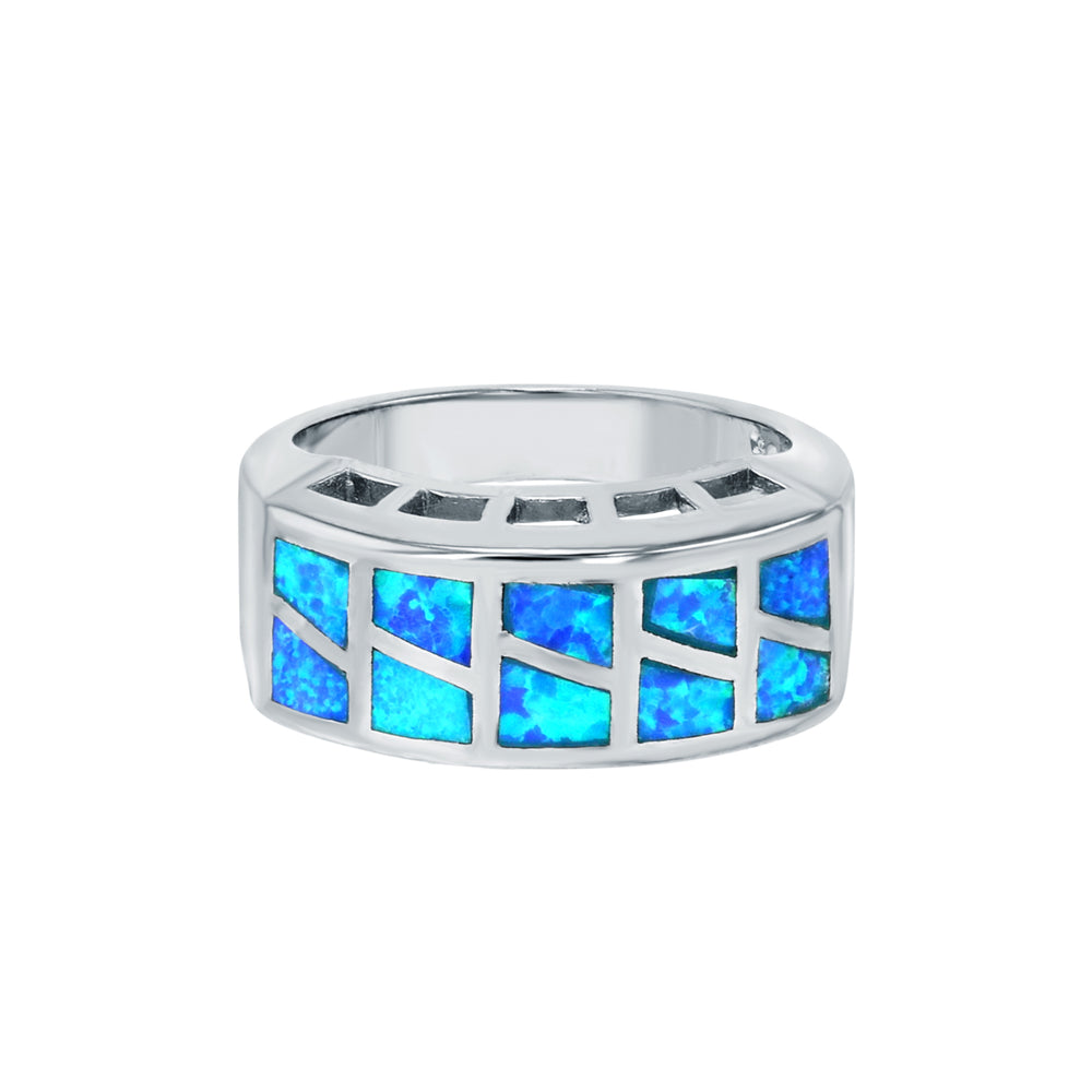 Sterling Silver Created Blue Opal Rectangle Shape Checkerboard Design Ring Image 2