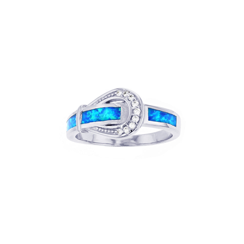 Sterling Silver Created Blue Opal With CZ Belt Design Ring Image 2