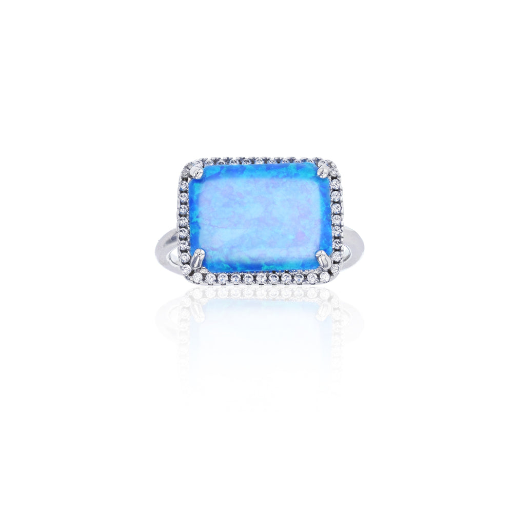 Sterling Silver Created Blue Opal Rectangle Halo CZ Ring Image 2