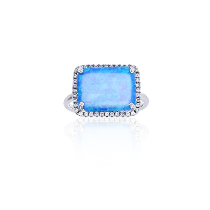 Sterling Silver Created Blue Opal Rectangle Halo CZ Ring Image 2