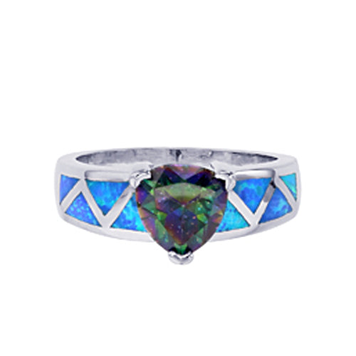 Sterling Silver Created Blue Opal Mystic CZ Trillion Shape Band Ring Image 2