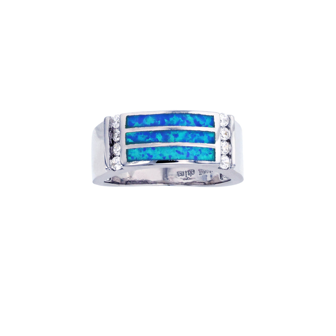 Sterling Silver Created Blue Opal 3 Row Ring Image 2