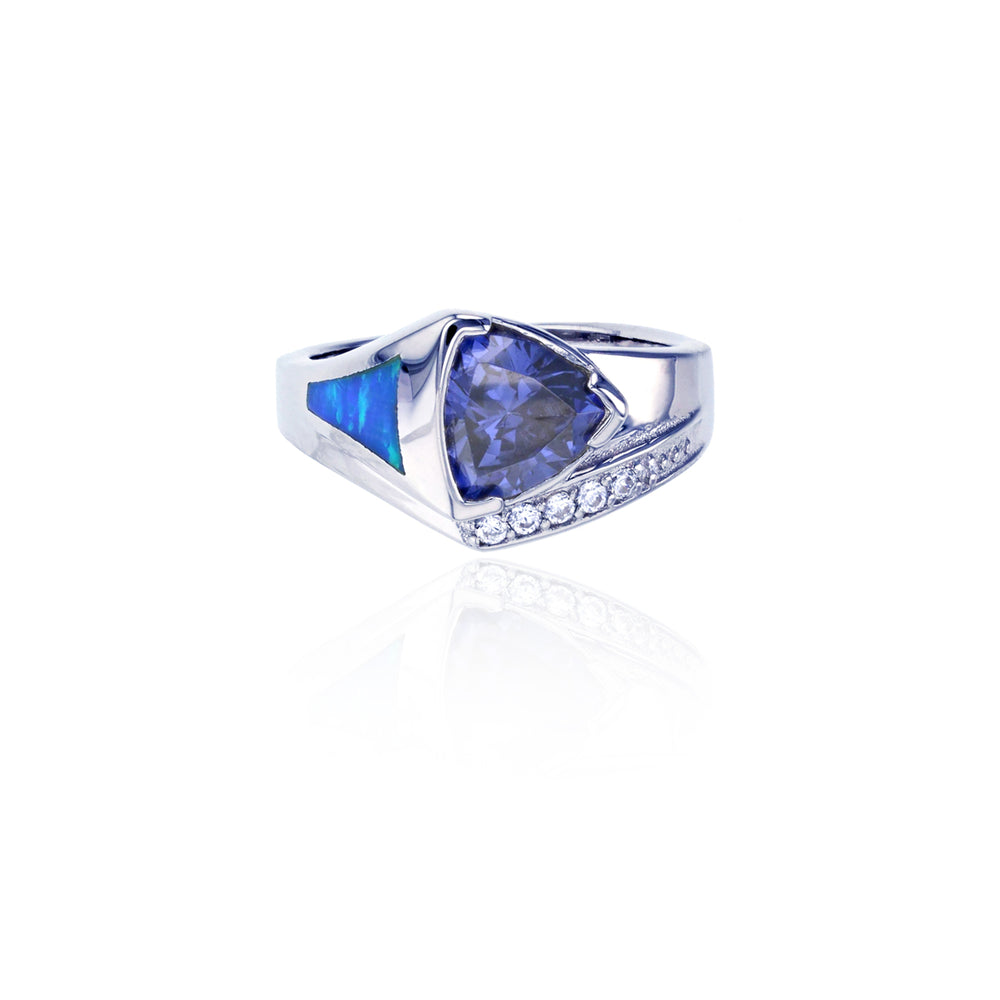 Sterling Silver Created Blue Inlay Opal Triangle Tanzanite CZ Ring Image 2