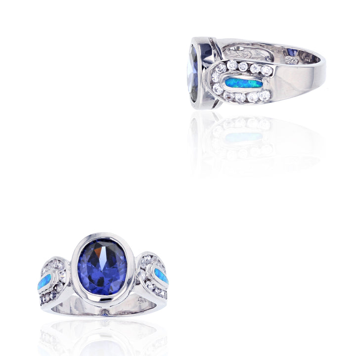 Sterling Silver Created Blue Opal Tanzanite CZ Oval Ring Image 2