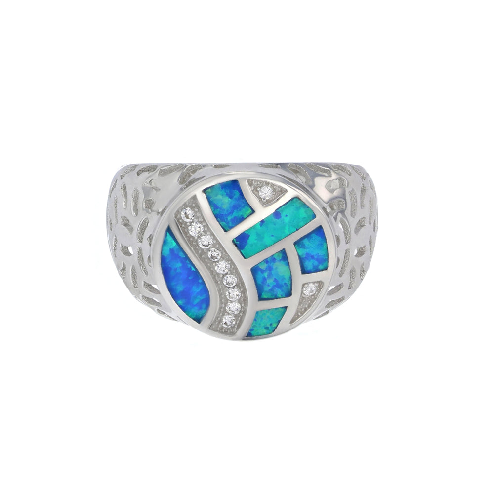 Sterling Silver Created Blue Opal Round Ring with CZ Stone Image 2