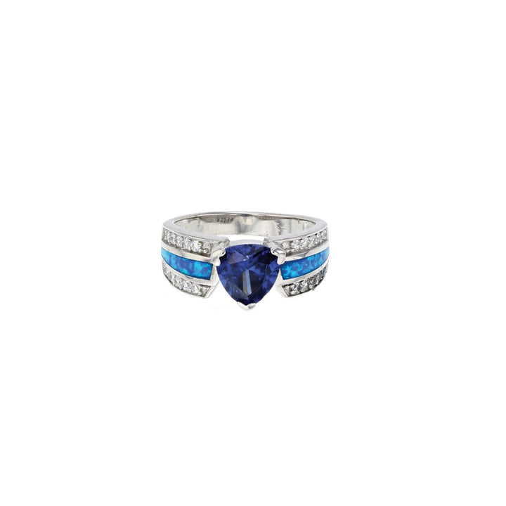 Sterling Silver Created Blue Opal Tanzanite CZ Trillion Shape Band Ring Image 2