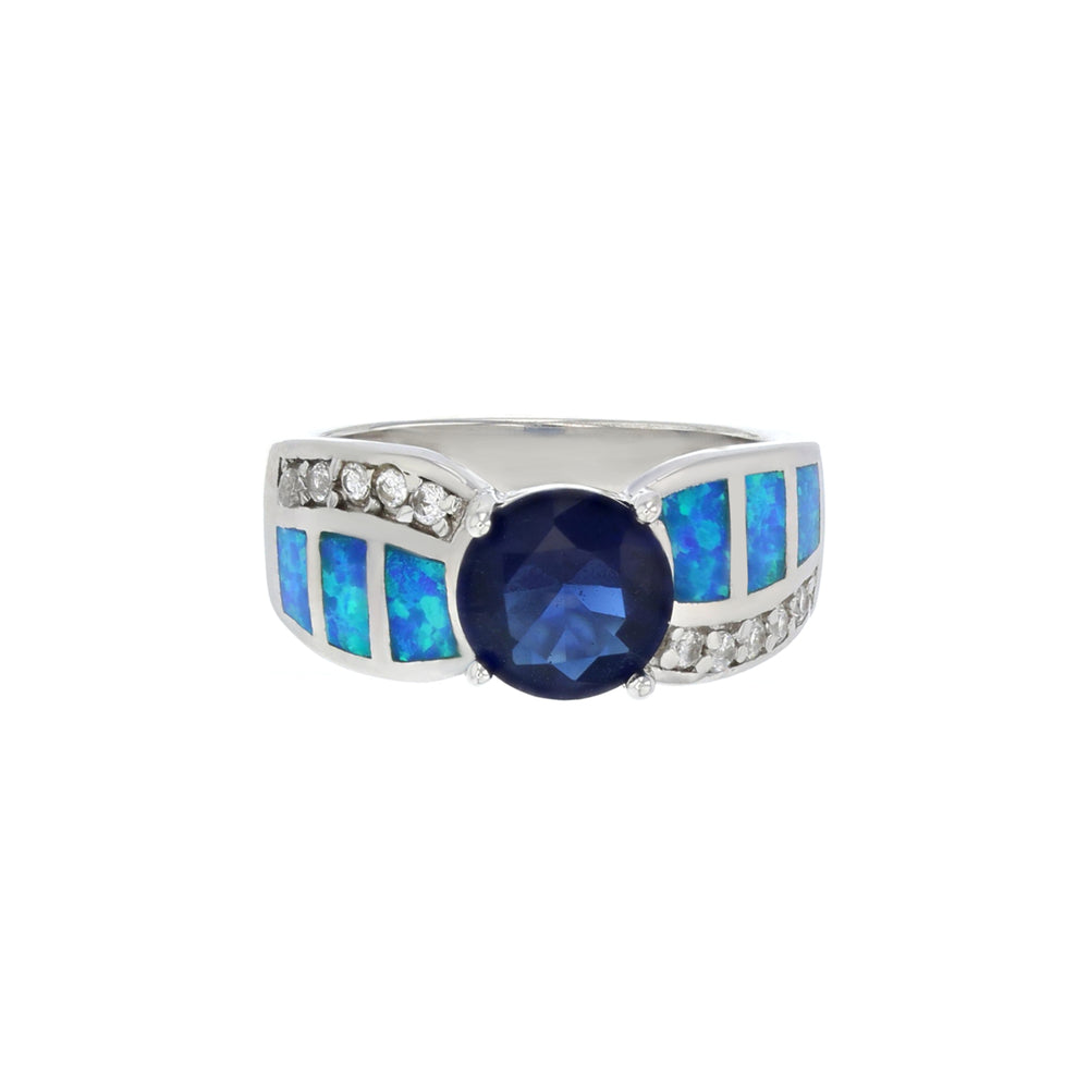 Sterling Silver Created Blue Opal Tanzanite CZ Round Band Ring Image 2