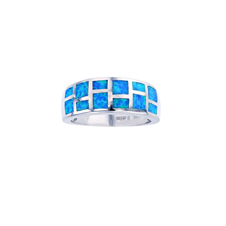 Sterling Silver Created Blue Opal 2 Row Square Bar Ring Image 2