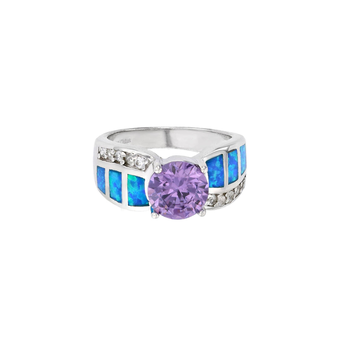 Sterling Silver Created Blue Opal Inlay Ring with Clear and Purple CZ Stone Image 1