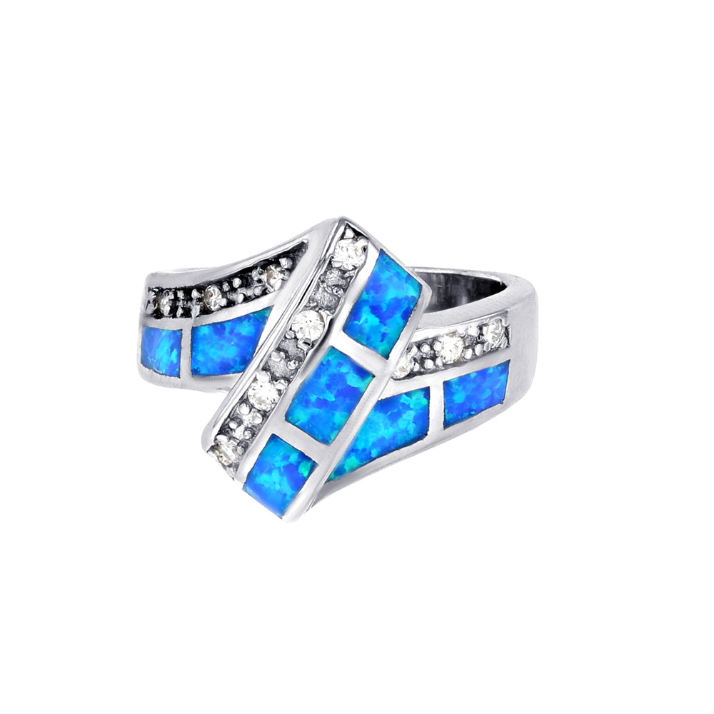 Sterling Silver Created Blue Opal With CZ Fancy Ring Image 2