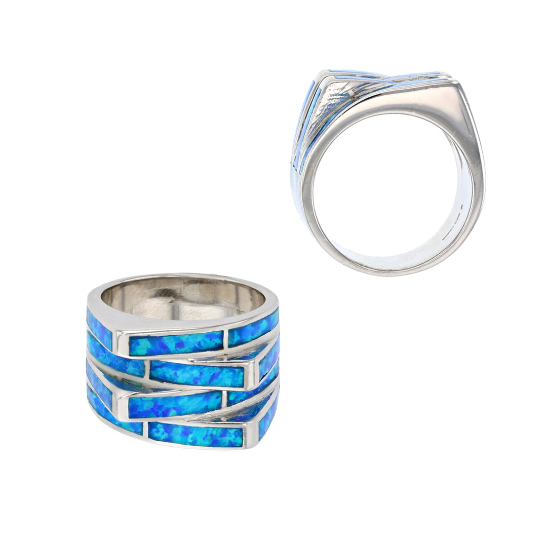 Sterling Silver Created Blue Opal 4 Row Band Opal Ring Image 2