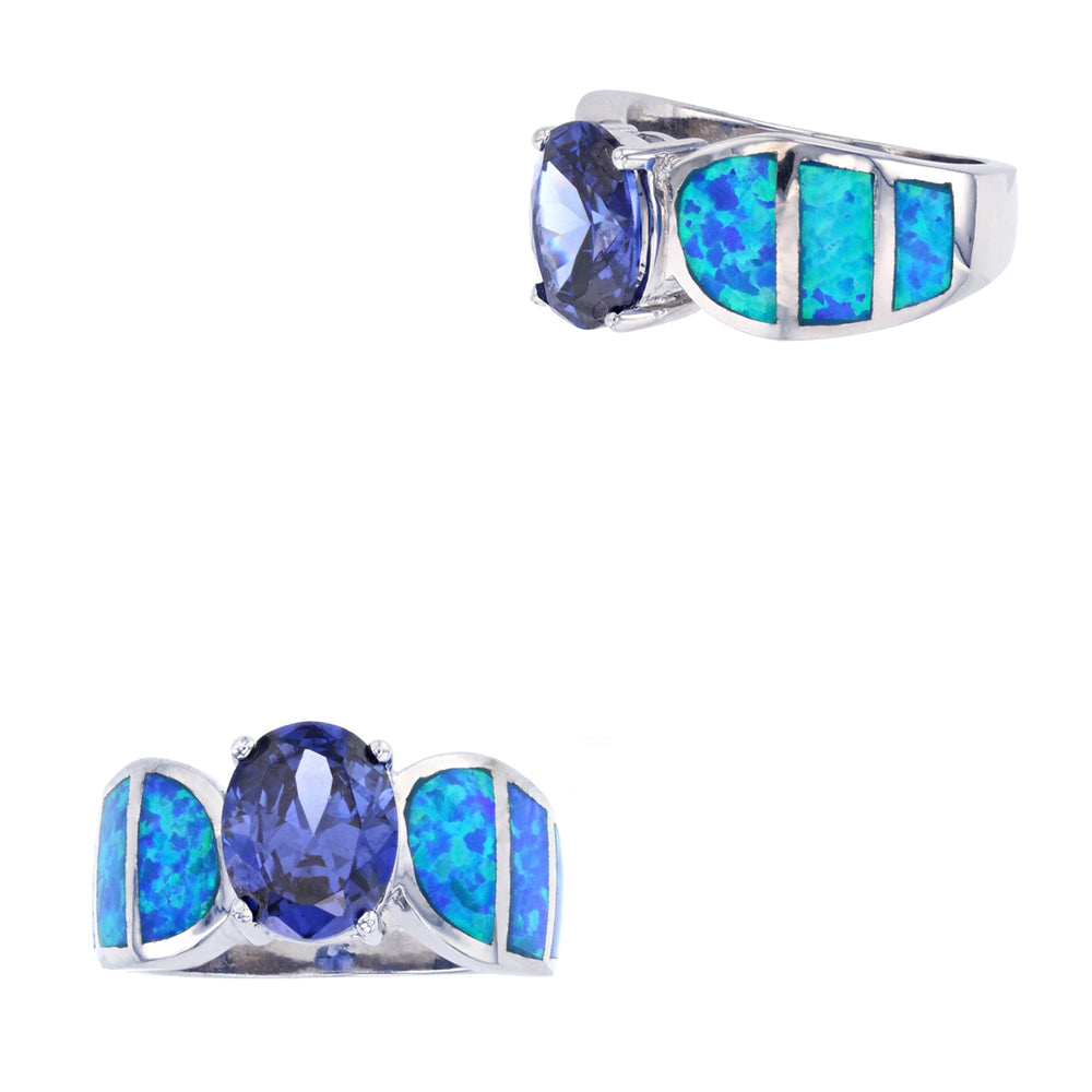 Sterling Silver Created Blue Opal With Oval Tanzanite CZ Ring Image 2