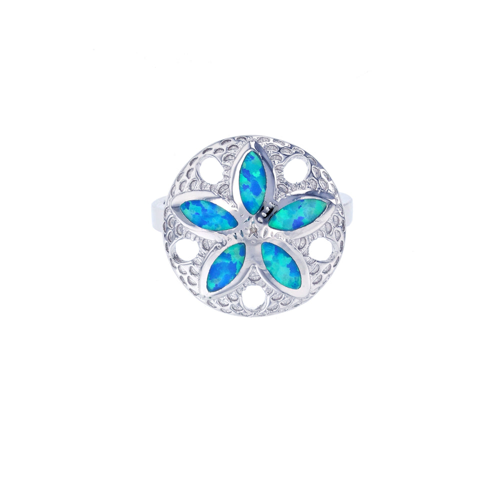 Sterling Silver Created Blue Opal Flower In Circle Ring Image 2