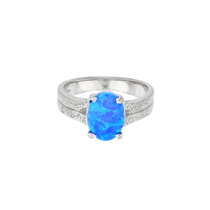 Sterling Silver Created Blue Opal Inlay Oval Shape With CZ Ring Image 2