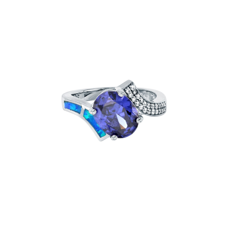 Sterling Silver Created Blue Opal Oval Tanzanite CZ Ring Image 2