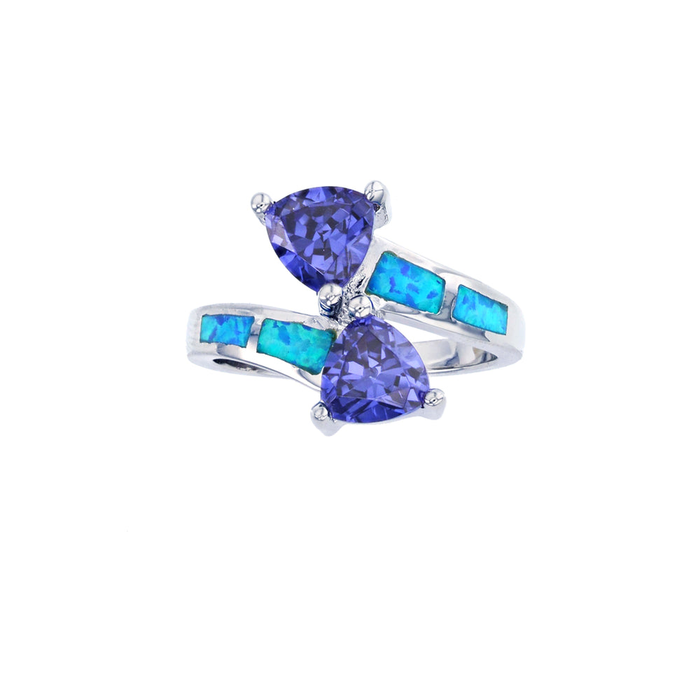 Sterling Silver Created Blue Opal Crossover Tanzanite CZ Ring Image 2