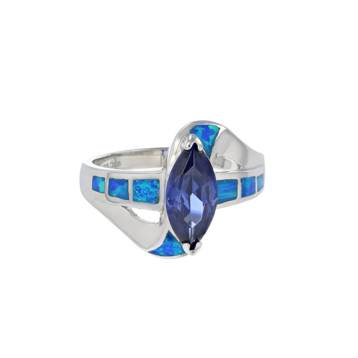 Sterling Silver Created Blue Opal with Marquise Tanzanite CZ Overlap Ring Image 2