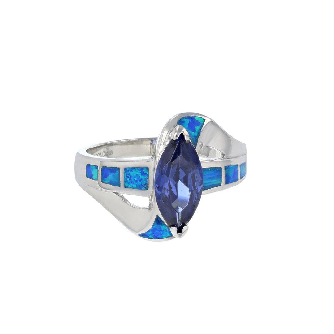 Sterling Silver Created Blue Opal with Marquise Tanzanite CZ Overlap Ring Image 1