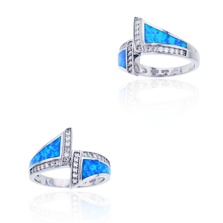 Sterling Silver Triangle Shape Created Blue Opal CZ Bypass Ring Image 2