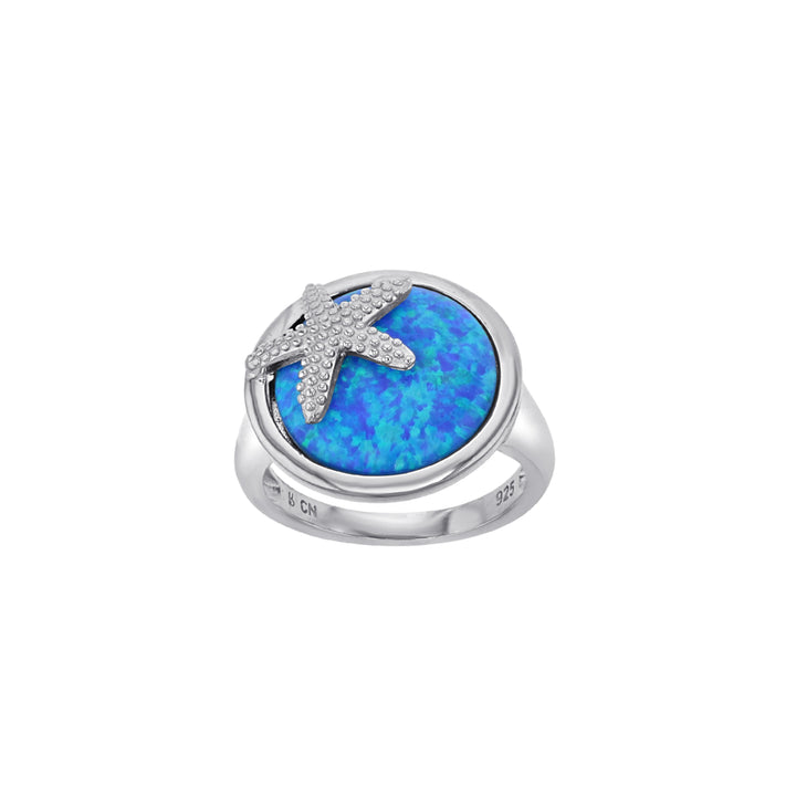 Sterling Silver Created Blue Opal Starfish in Circle Ring Image 2