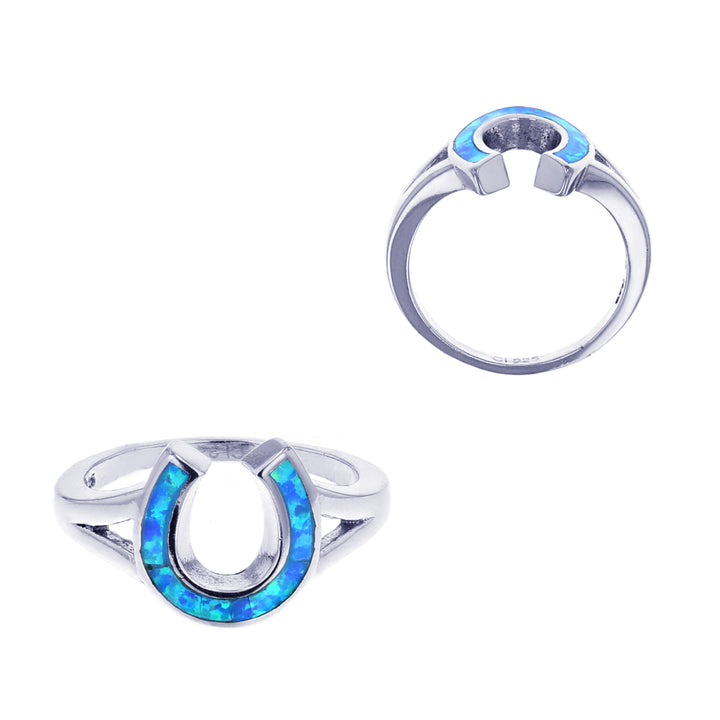 Sterling Silver Created Blue Opal Horseshoe Ring Image 1