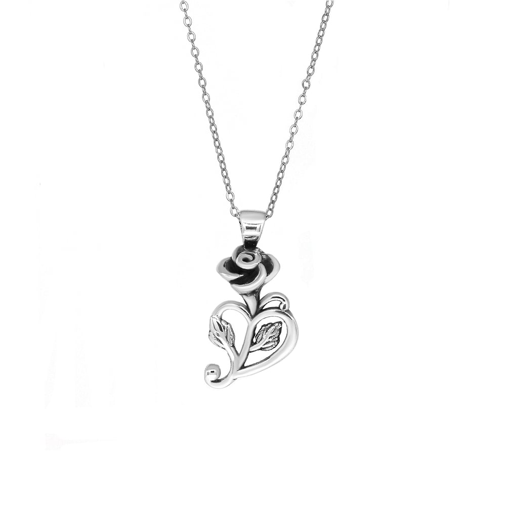 Italian Sterling Silver Rose Flower Heart Necklace 18" Chain Pendant 925 Image 1