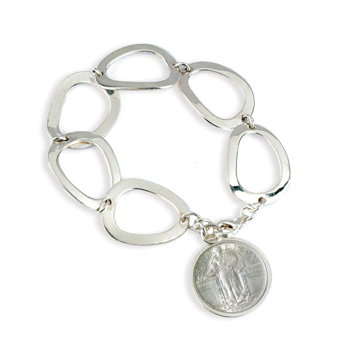 Silver Standing Liberty Coin Sterling Silver Oval Link Coin Bracelet Image 1