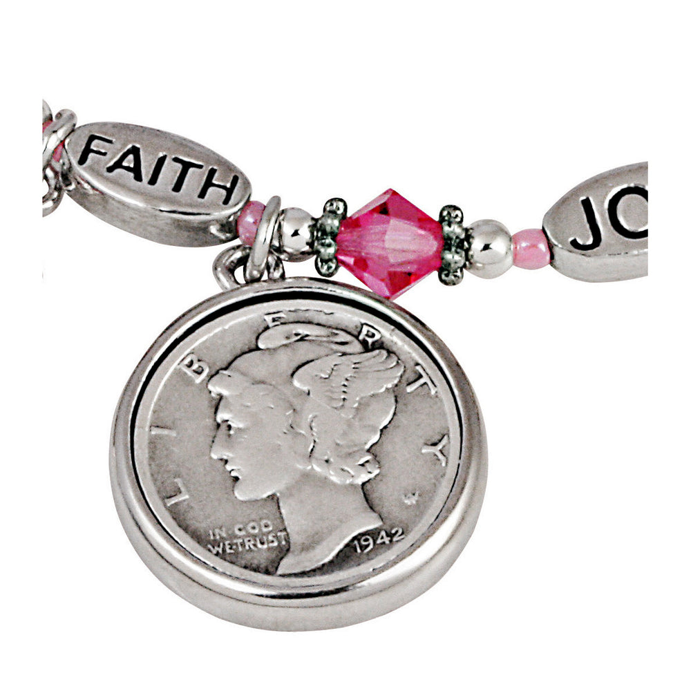 Silver Mercury Dime Survivor Pink Ribbon Charm Bracelet Image 2