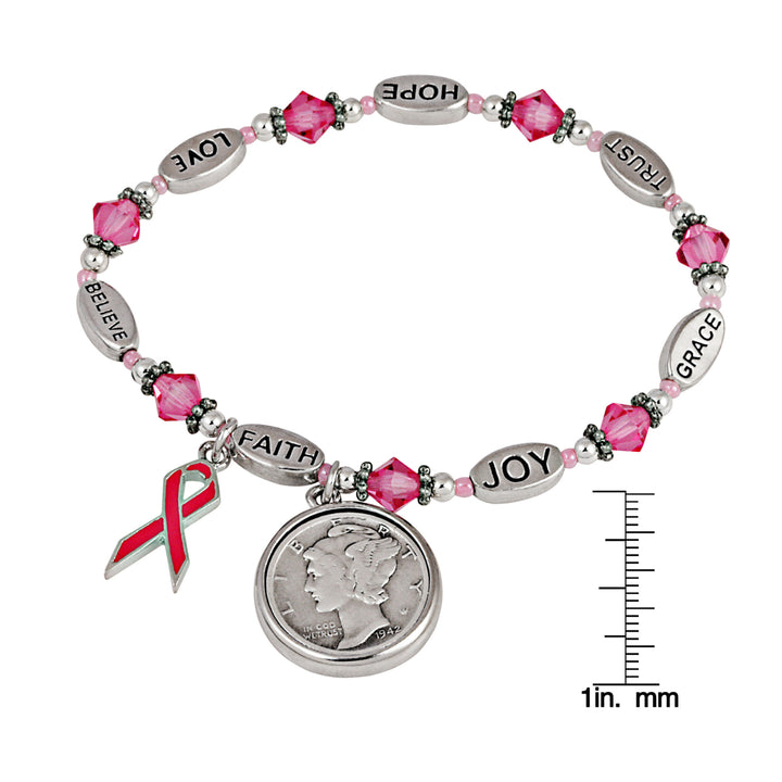 Silver Mercury Dime Survivor Pink Ribbon Charm Bracelet Image 3