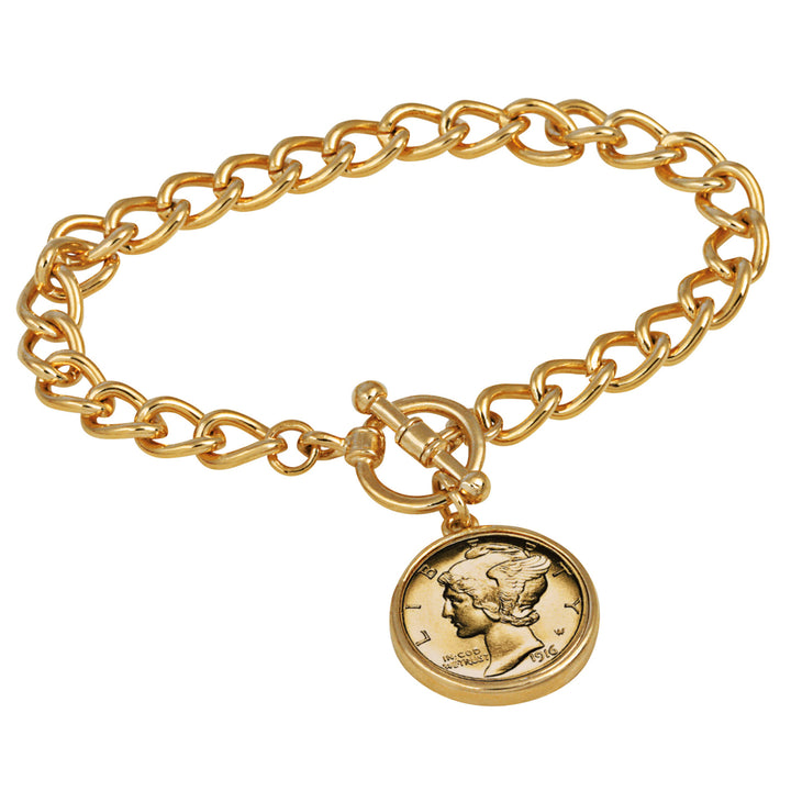 24KT Gold Plated Silver Mercury Dime Goldtone Coin Toggle Bracelet Image 1