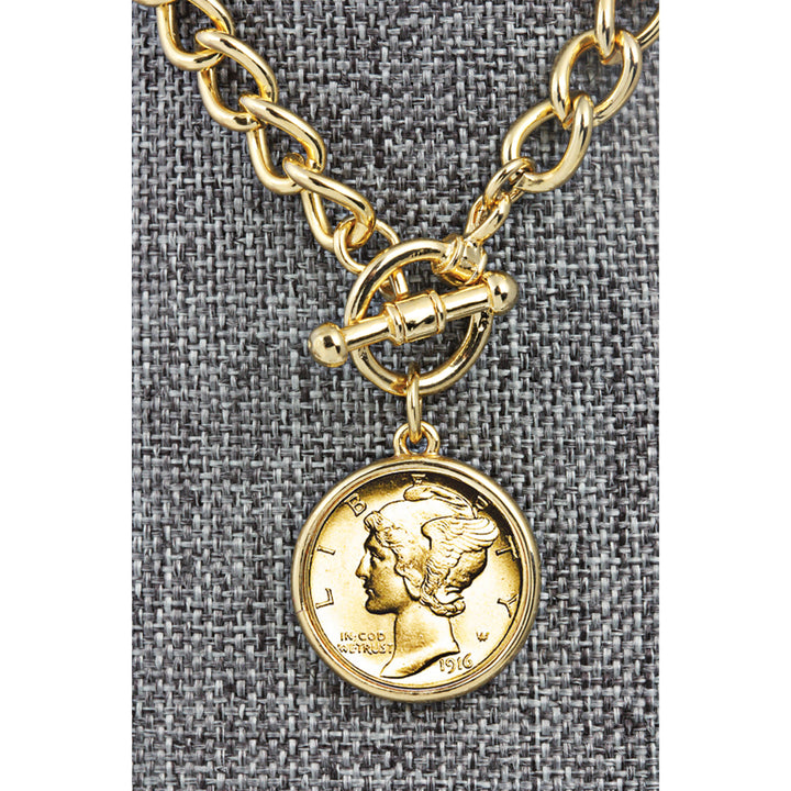 24KT Gold Plated Silver Mercury Dime Goldtone Coin Toggle Bracelet Image 4