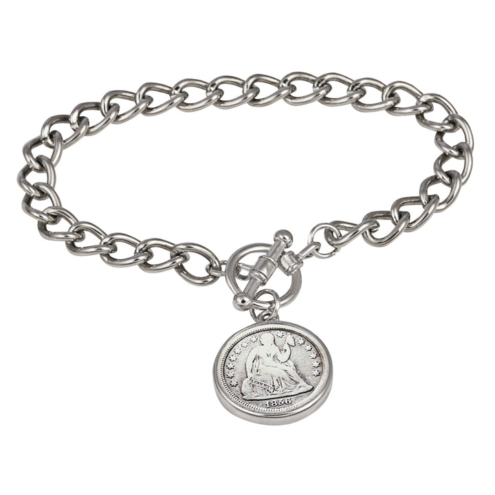 Silver Seated Liberty Dime Silvertone Coin Toggle Bracelet Image 1