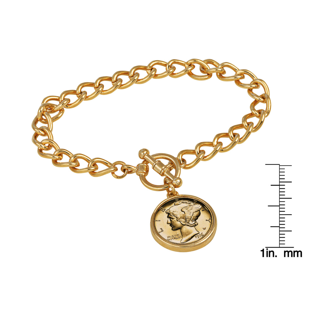 24KT Gold Plated Silver Mercury Dime Goldtone Coin Toggle Bracelet Image 4