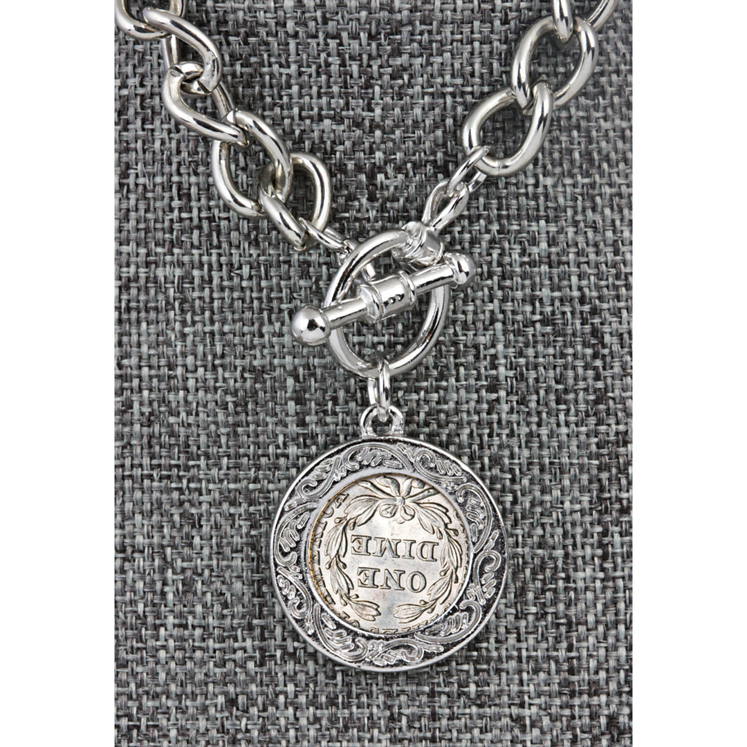 Silver Seated Liberty Dime Silvertone Coin Toggle Bracelet Image 2