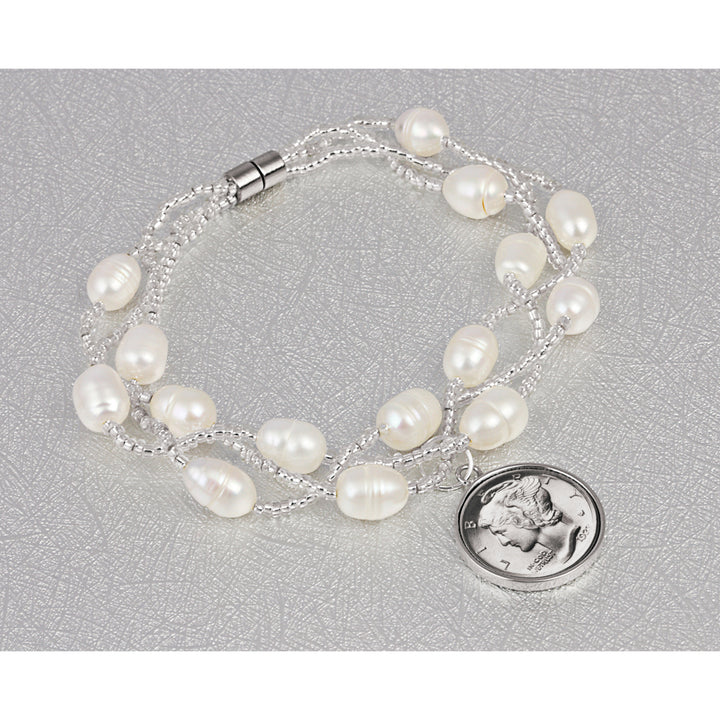 White Cultured Freshwater Pearl Mercury Dime Bracelet Image 6