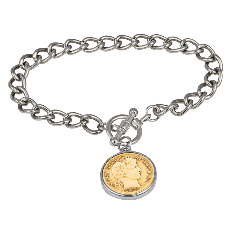 24KT Gold Plated Silver Barber Dime Silvertone Coin Toggle Bracelet Image 1