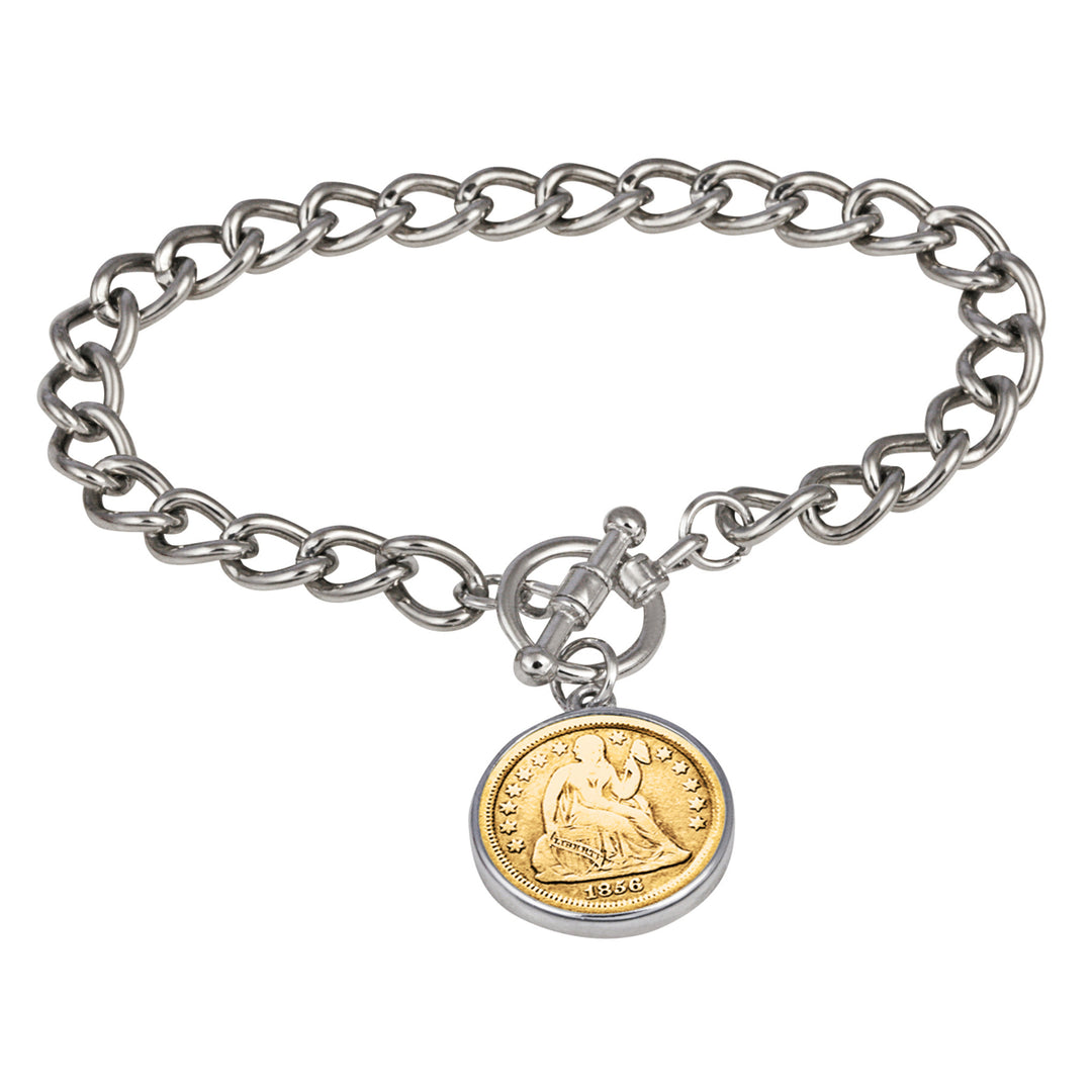 24KT Gold Plated Silver Seated Liberty Dime Silvertone Coin Toggle Bracelet Image 1